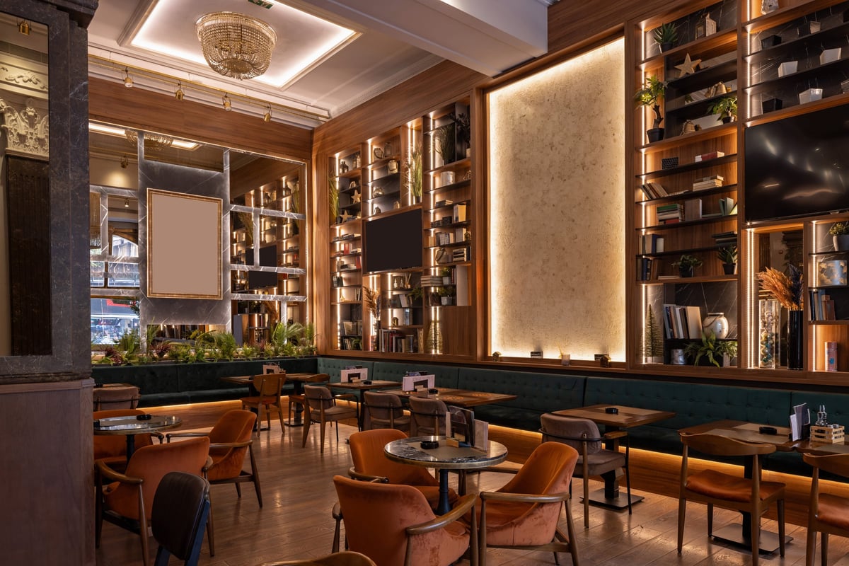 Stylish restaurant interior with warm lighting for Bella Italia Trattoria